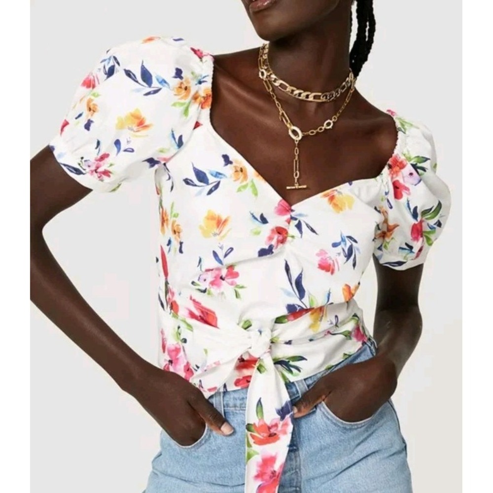 MARISSA WEBB Floral Wrap Crop Top Women's Size‎ 8 Puff Sleeve Cotton Blend